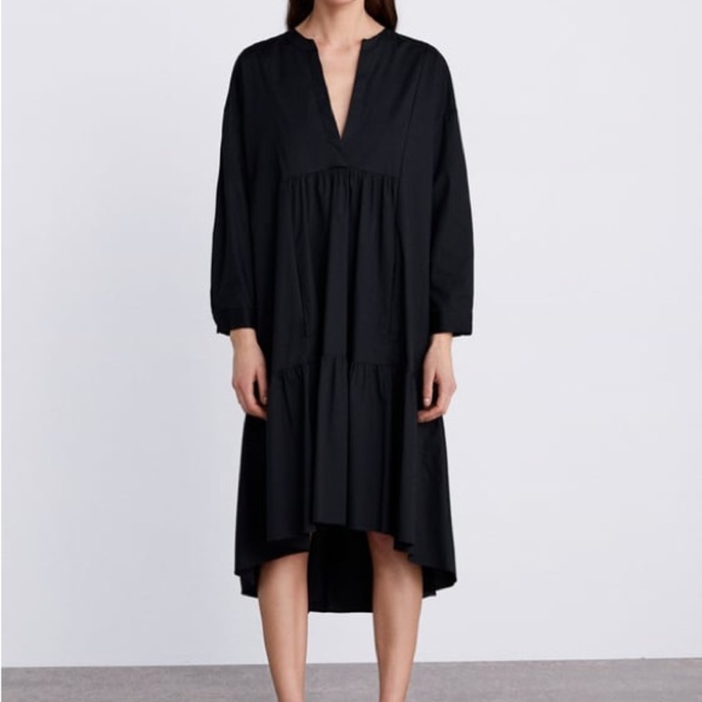 Zara Black Tiered V-Neck Long Sleeve Dress